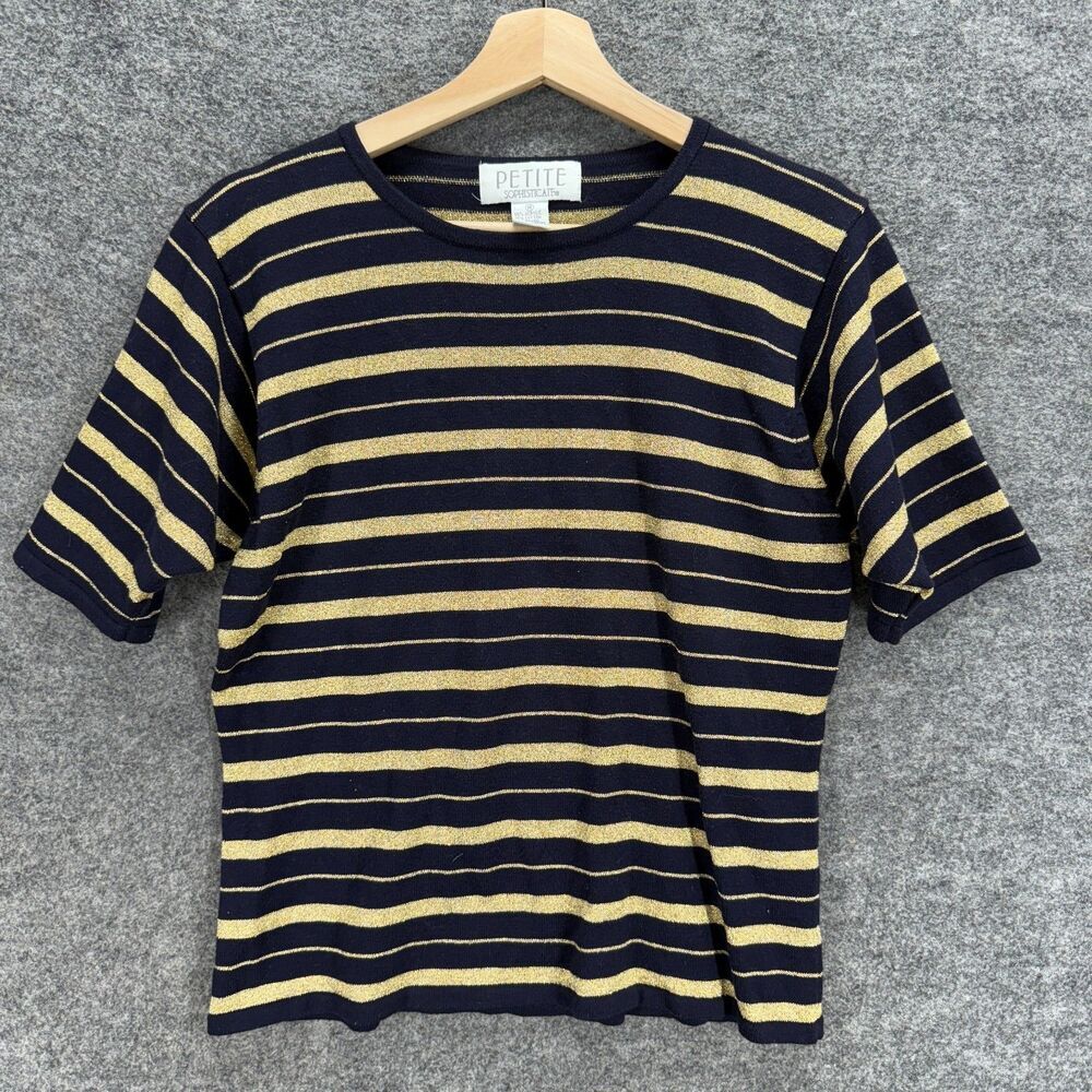 Sophisticate T-Shirt Women M Medium Black Striped Short Sleeve Round Neck Cotton